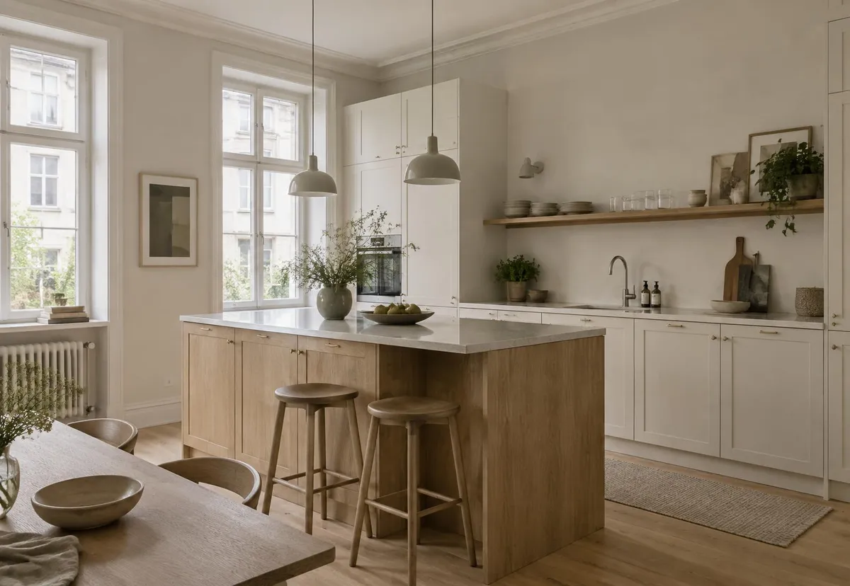 Illustration af lyst køkken med malede fronter, kompositbordplade og køkkenø i eg
